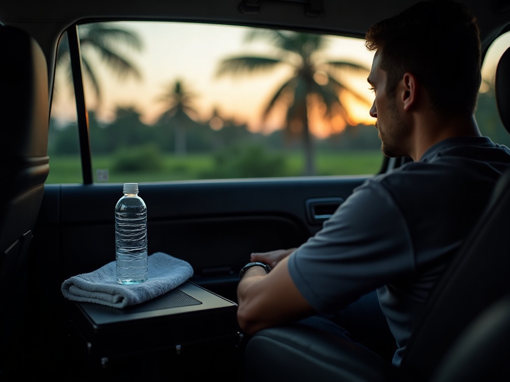 Interior of a private VIP transfer vehicle with a cool-down towel and water, Flores landscape through the window