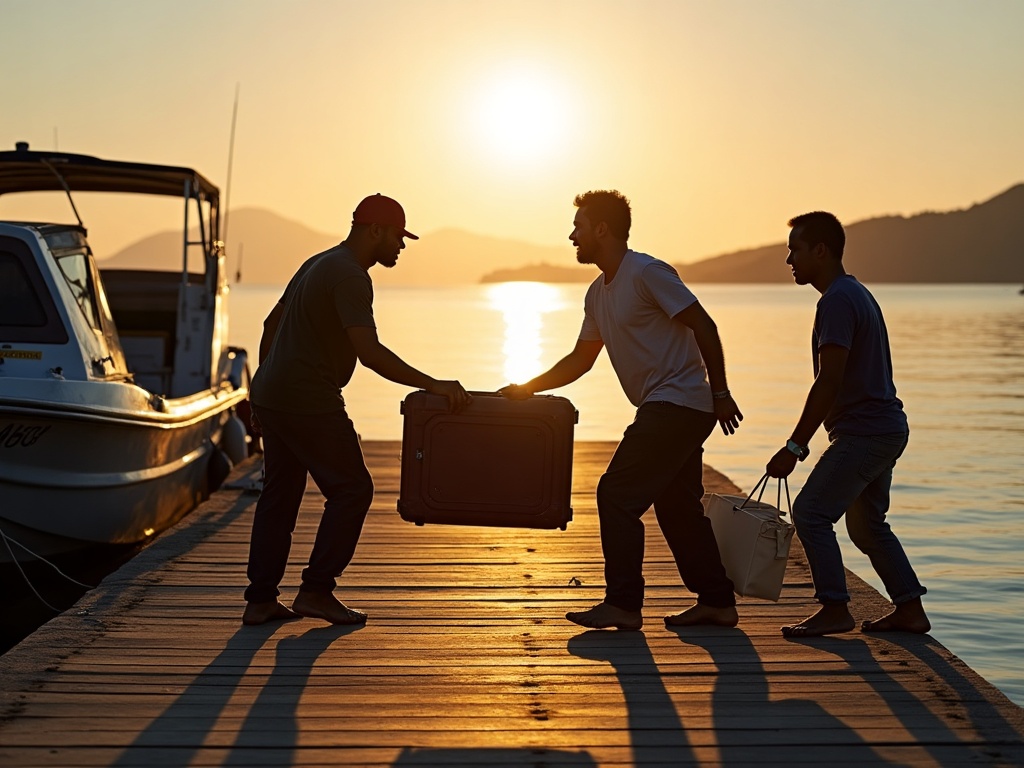 Luggage handoff from a private car to a waiting boat tender at a Labuan Bajo harbor jetty at golden hour