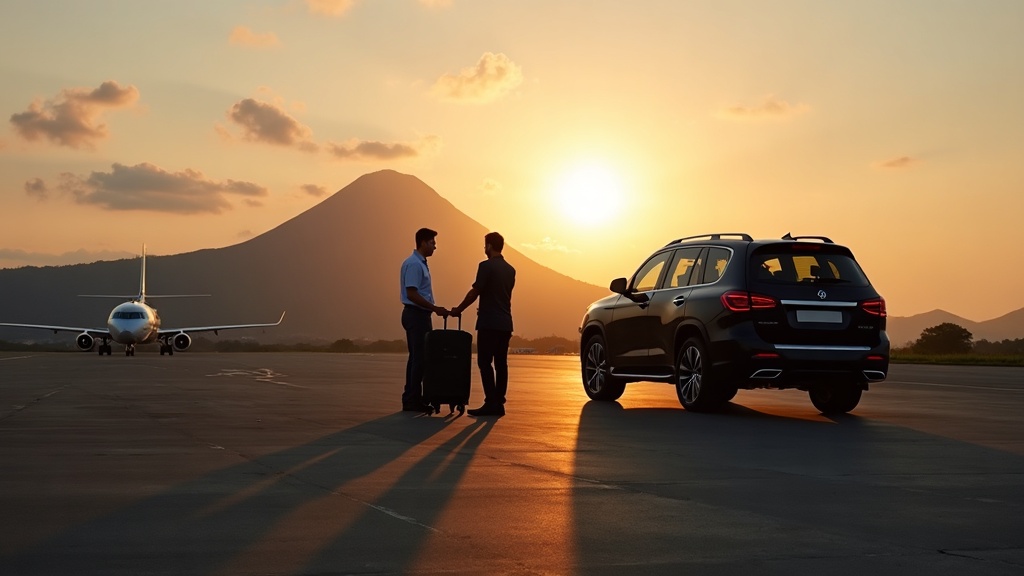 Meet-and-assist coordinator receiving a guest at a Labuan Bajo airport apron at dusk